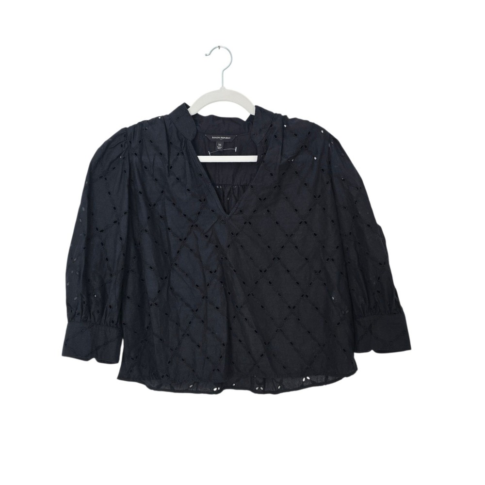 Banana Republic Eyelet Blouse Women XS Black Puff Sleeve‎ V-Neck Top